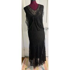 Antique 1920s Black Chantilly Lace Silk Flapper Dress XS